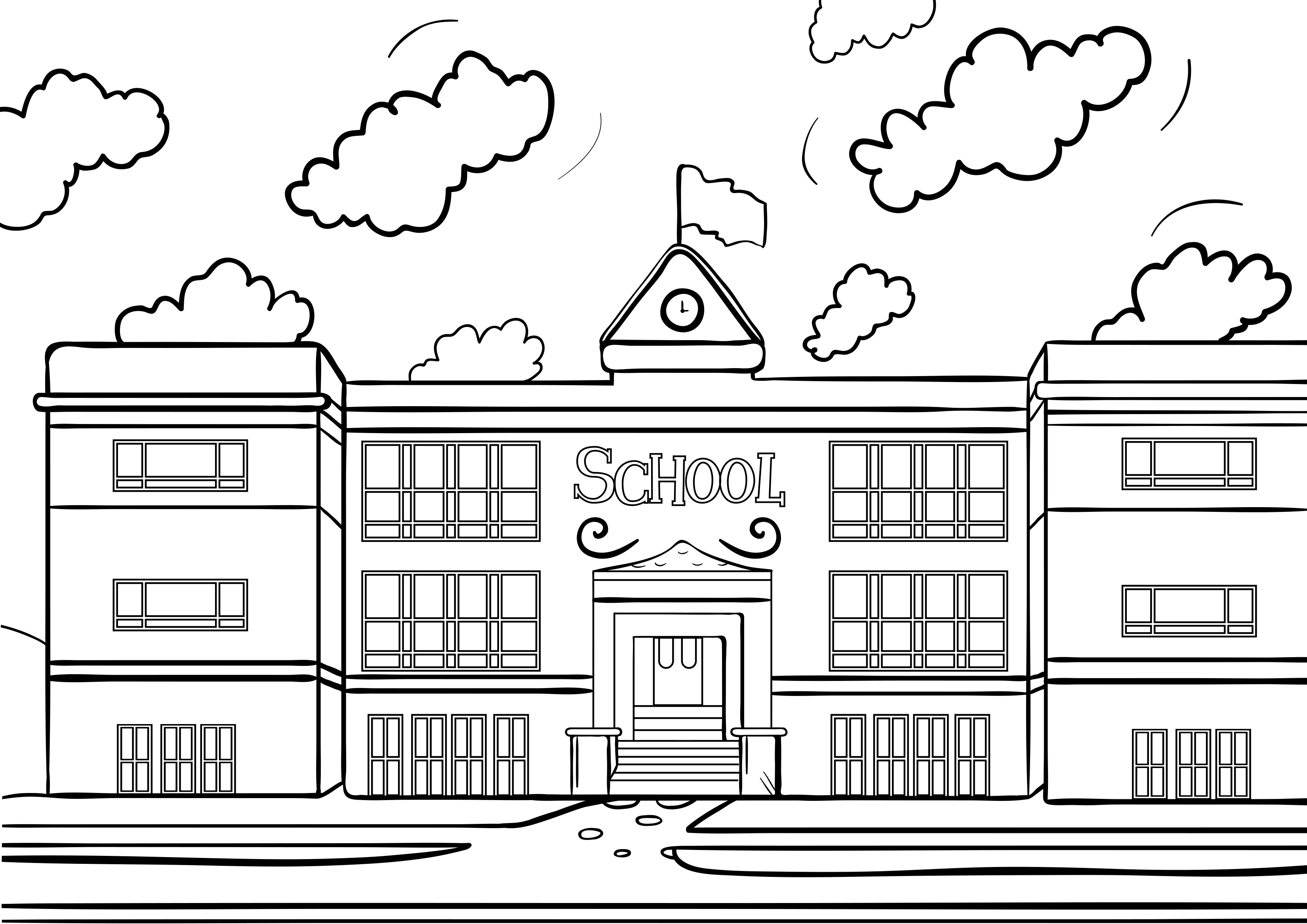 School Colors Preschool Coloring Page With Kids In Front Of School Building  Outline Sketch Drawing Vector, School Drawing, Wing Drawing, Ring Drawing  PNG and Vector with Transparent Background for Free Download